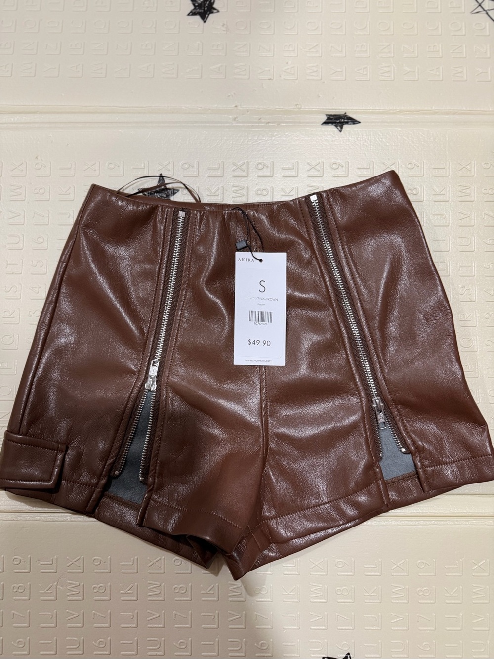 AKIRA Brown Faux Leather High-Waist Shorts with Front Zippers